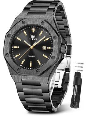 Mens Black Luxury Stainless Steel Octagon Analog Quartz Classic Waterproof Watch